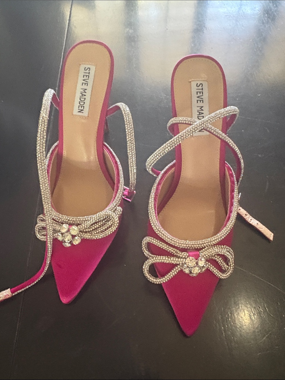 Steve Madden Pink Satin Pointed Mules with Crystal Bow and Straps